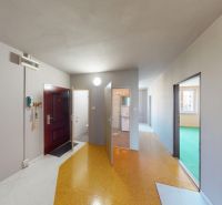 Entrance hall in a 3-room apartment with a colorful floor, with access to the bathroom and a room.