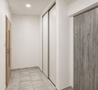 Entrance hallway with tiles and wooden doors in a studio apartment.