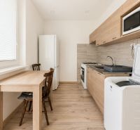 A kitchen in a studio apartment with a dark table and a light wooden-patterned floor.