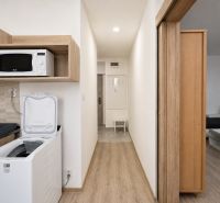 Cozy interior of a studio apartment with a kitchenette and a microwave, wooden decor flooring.