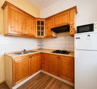 A kitchen in a studio apartment with wooden cabinets and a wood-patterned floor.