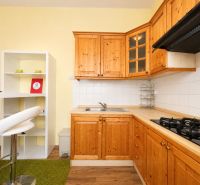 A kitchen in a studio apartment with wooden cabinets and a wooden-patterned floor.