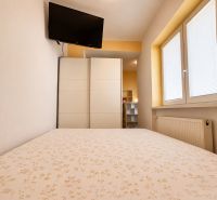 A bedroom in a studio apartment with a TV, a wardrobe, and a window with blinds.