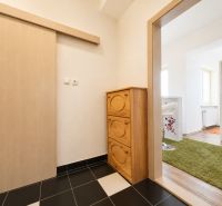 Hallway with a wooden chest of drawers, wooden-patterned floor, and green carpet.