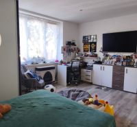 A room in a one-bedroom apartment with a bed, a desk, and a TV on the wall.