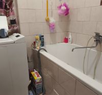 A bathroom with a bathtub in a studio apartment, equipped with a washing machine and cleaning supplies.