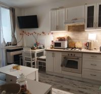 A kitchenette with white cabinets, a dining table, and a wooden decor floor in a studio apartment.
