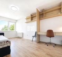 Recreational apartment with a bed, desk, chair, and floor with wooden decor.