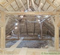 Attic with a wooden beam ceiling and light penetrating through skylights.