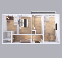 Floor plan of a 3-room apartment with wood-patterned flooring and furniture.