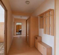 A hallway in a 3-room apartment with a wooden decor floor and a built-in wardrobe.