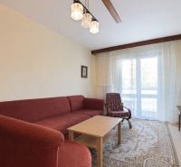 Living room of a three-room apartment with a red sofa, TV, carpet, and wooden decor flooring.