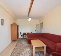 Living room in a 3-room apartment with a red sofa and a wooden decor floor.