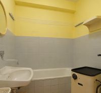 Bathroom with a bathtub and sink, colorful walls, three-room apartment.