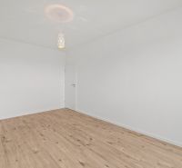 An empty room with white walls and a wooden-patterned floor in a family house.