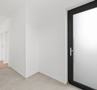 White walls, tiled floor, glass doors, and interior doors in a family house.