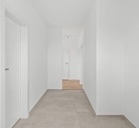 A hallway with white walls and doors, a floor with a wooden decor, Family house.