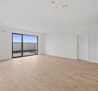 Living room in a family house with wood-patterned flooring and large windows.