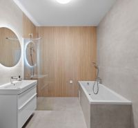 Bathroom in a family house with a bathtub, shower, mirror, and sink.