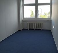 Spacious offices with blue carpet and a large window for plenty of light.