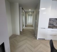 The hallway of a 3-room apartment with a wooden decor floor and a kitchen unit.