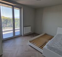 A bedroom in a 3-room apartment with a bed and a wooden decor floor.