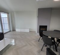 Living room in a three-room apartment with a wooden decor floor and a fireplace.