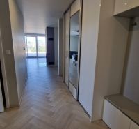 A hallway in a 3-room apartment with a wooden decor floor and mirrored wardrobes.