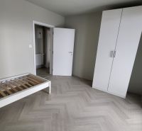 A bedroom in a 3-room apartment with a wooden decor floor, a bed, and a wardrobe.