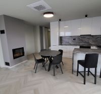 Living room of a three-room apartment with a wooden decor floor and a kitchenette.