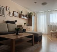 Living room in a 4-room apartment with a sofa, wooden decor flooring, and a staircase.