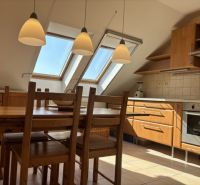 The kitchen area of a 4-room apartment with skylights and a floor with a wooden decor.