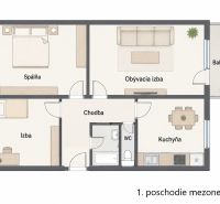 Floor plan of a 4-room apartment with a bedroom, living room, kitchen, room, and balcony.