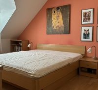 Bedroom in a 4-room apartment with wooden decor, paintings, and a skylight.