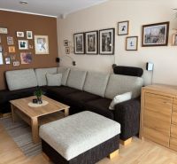Living room in a 4-room apartment with a comfortable sofa and a floor with a wooden decor.