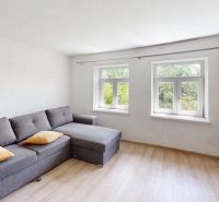 Living room in a family house with a sofa and storage space, floor with wooden decor.
