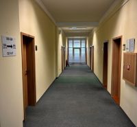Offices with doors and carpeted floors in neutral shades.