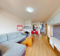 Living room in a 3-room apartment with a sofa, dining table, and wooden-patterned flooring.