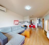 Living room in a 3-room apartment with a wooden decor floor and a sofa.