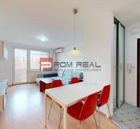 Living room of a three-room apartment with a wooden decor floor, dining table, and sofa.