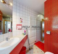 A bathroom with a mirror and striking red mosaic in a 3-room apartment.