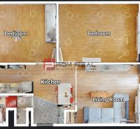 Floor plan of a 3-room apartment with wood-decor flooring, kitchen, and bathroom.