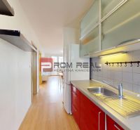 A kitchen in a 3-room apartment with a wooden decor floor and red cabinets.
