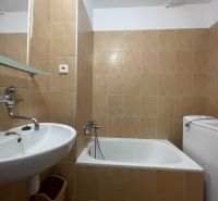 A bathroom with a bathtub, a sink, and a washing machine in a 2-room apartment.
