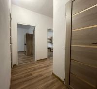 Interior of a 2-room apartment with a wooden decor floor and light walls.