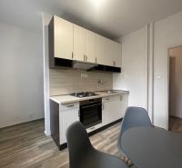 A kitchen in a two-room apartment with a wooden decor floor and a dining table.
