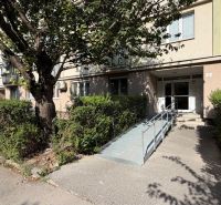 Entrance to the apartment building on Šándorova Street in Bratislava - Ružinov with a barrier.