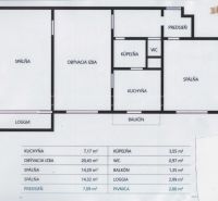 Floor plan of a 3-room apartment with a loggia, balcony, kitchen, and hallway.