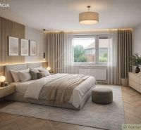 Bedroom with a bed, wooden decor flooring, and a large window in a family house.