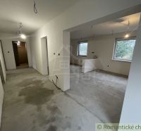 Interior of a family house with a concrete floor, white walls, and a view of the garden.